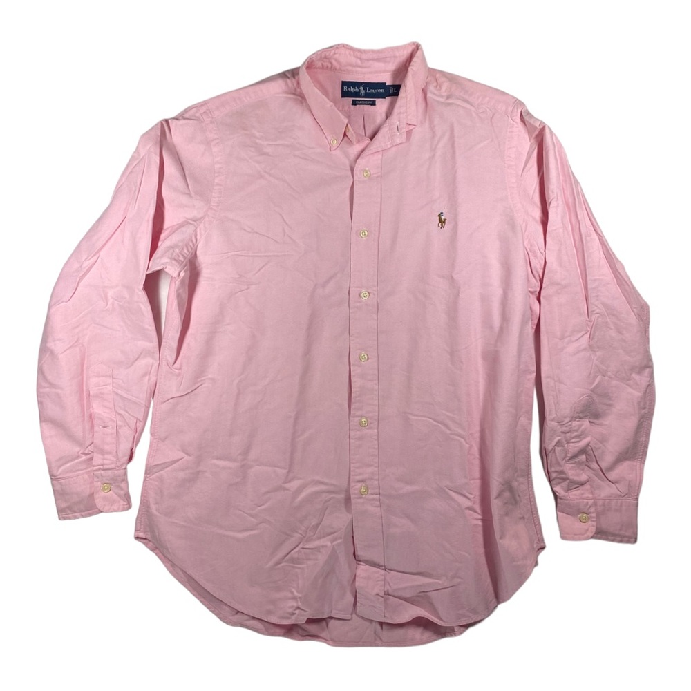 Ralph Lauren Button Down Mens Pink Solid Classic Fit Shirt Long Sleeve Logo Sz L